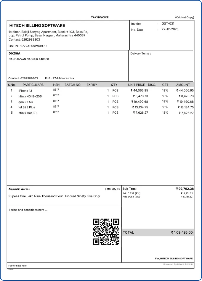 A4 GST invoice format sample with business logo — Hitech BillSoft