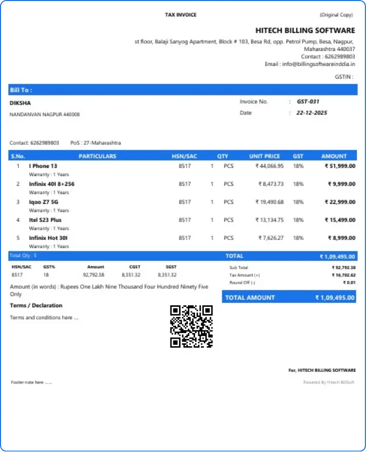 A4 GST billing format with CGST SGST tax breakdown — Hitech BillSoft