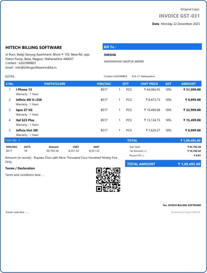 A4 GST invoice template in Hitech BillSoft billing software
