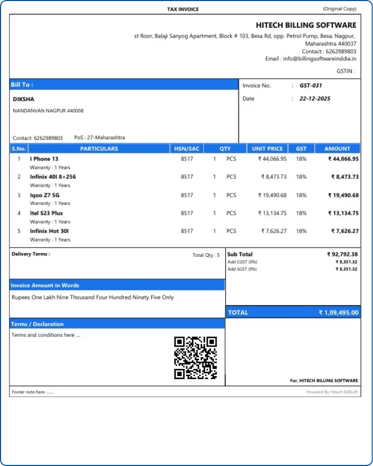 Professional A4 GST bill with branded header — Hitech BillSoft for PC