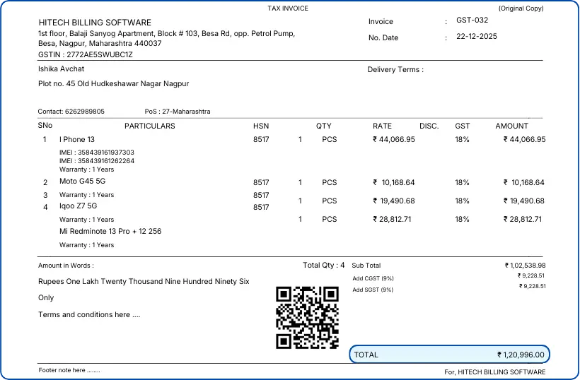A5 size GST billing format with IGST calculation — Hitech BillSoft