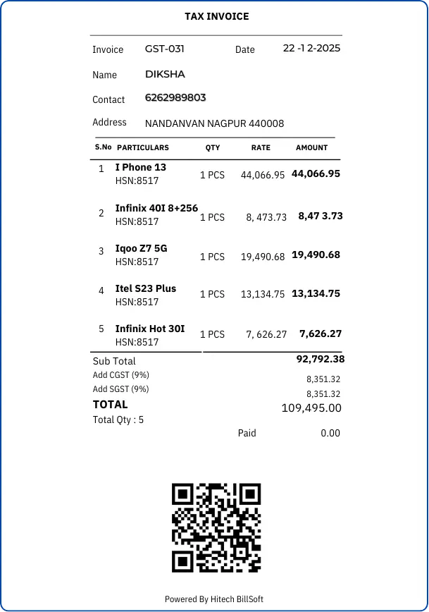 Thermal POS receipt format for billing — Hitech BillSoft GST software