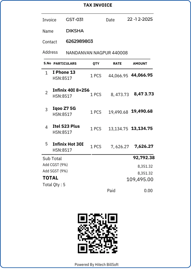 Thermal bill with barcode and GST details for businesses — Hitech BillSoft