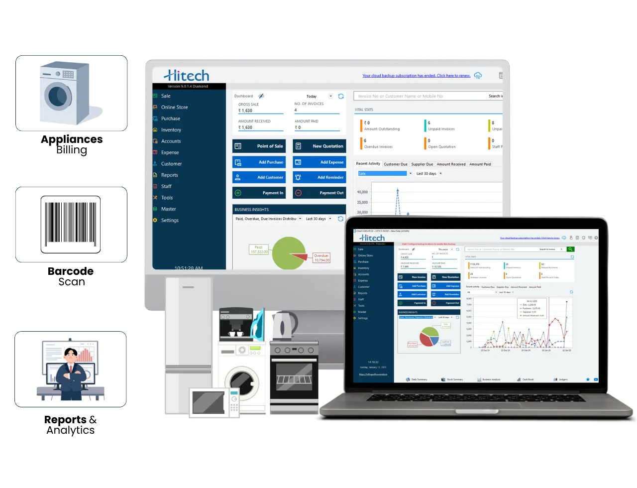 Hitech Billsoft dashboard showing appliances store billing with GST invoices and inventory alerts.