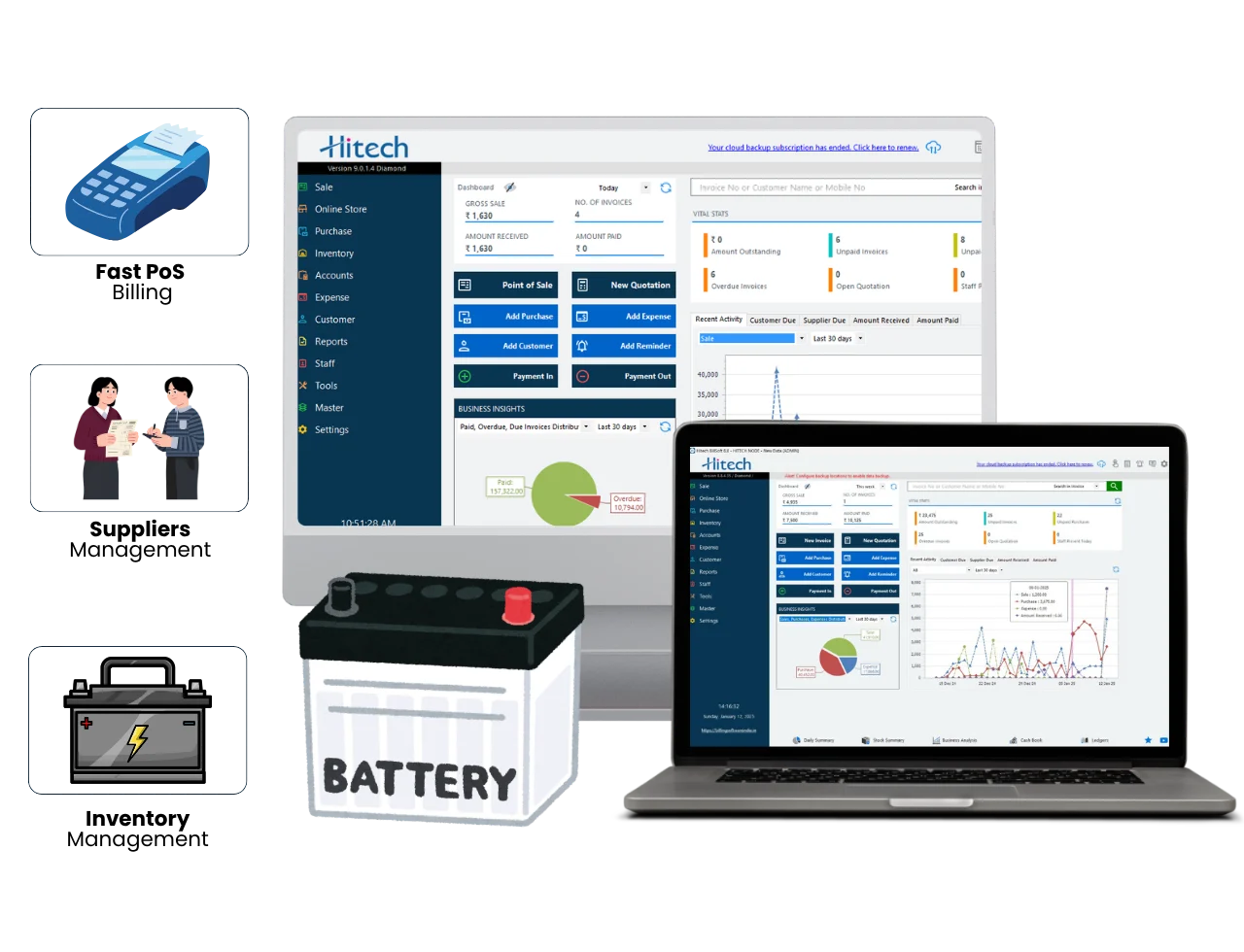 Hitech Billsoft billing software for battery shops dashboard.
