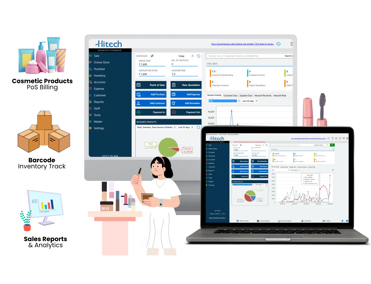 Hitech Billsoft Cosmetic Store Billing Software interface featuring Beauty Shop PoS System with retail PoS with shade tracking and GST billing software for cosmetic shops