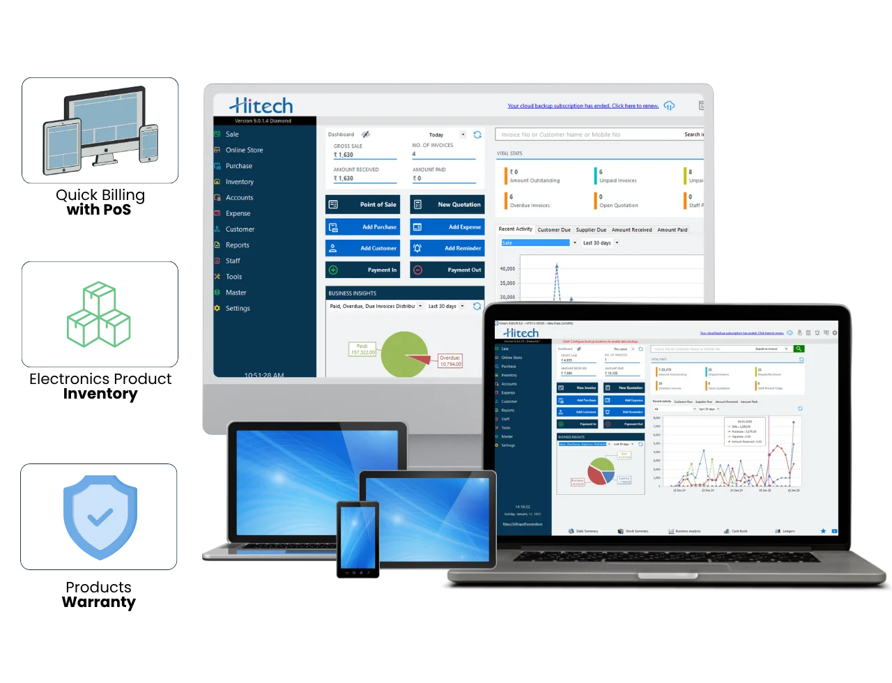 Hitech Billsoft electronics shop billing software dashboard and features.