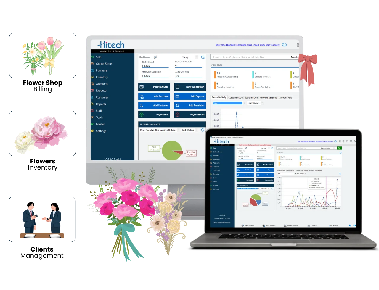 Flower shop billing software showing GST invoice on Hitech BillSoft for PC