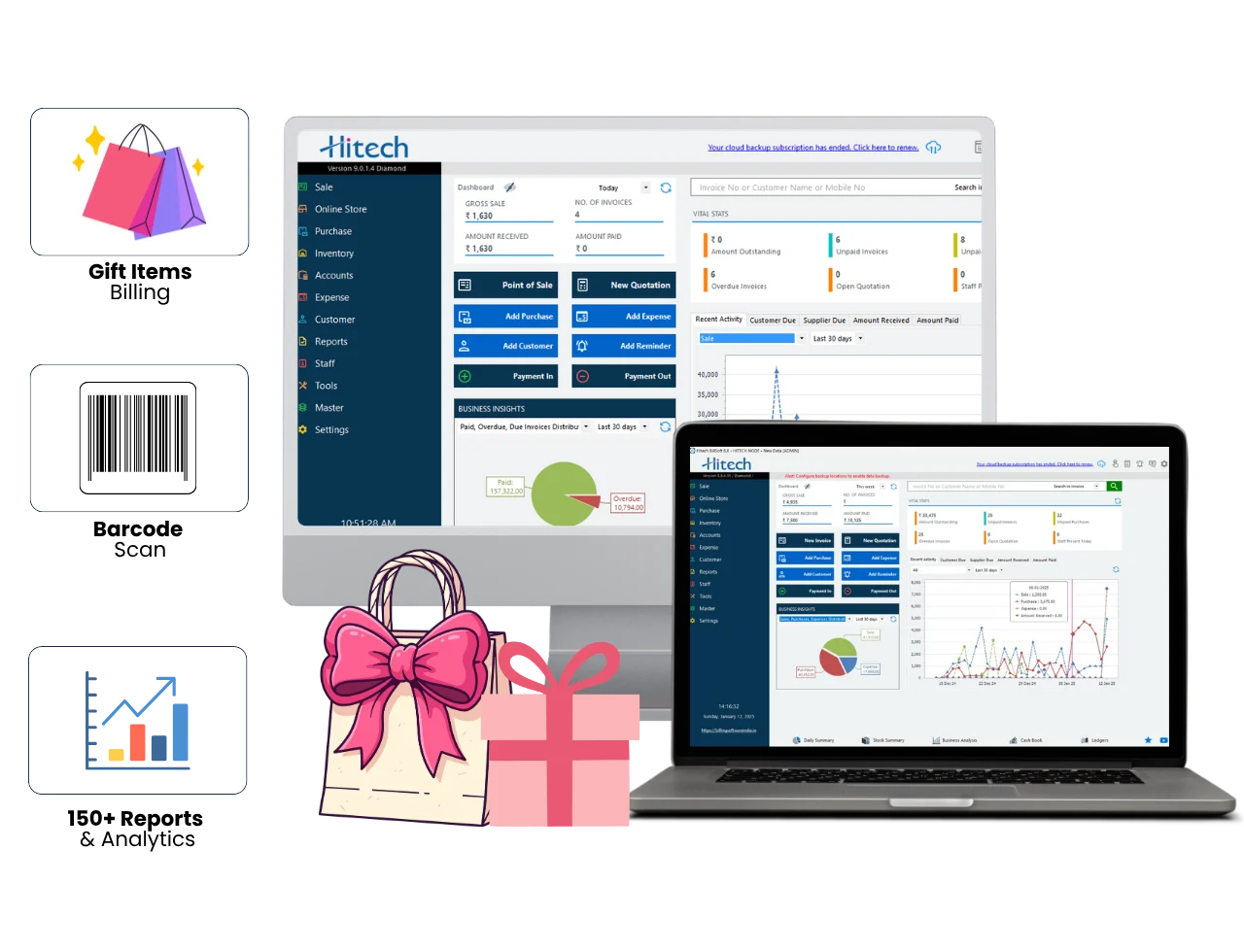 Gift shop billing software dashboard showing GST invoice, inventory and PoS screen