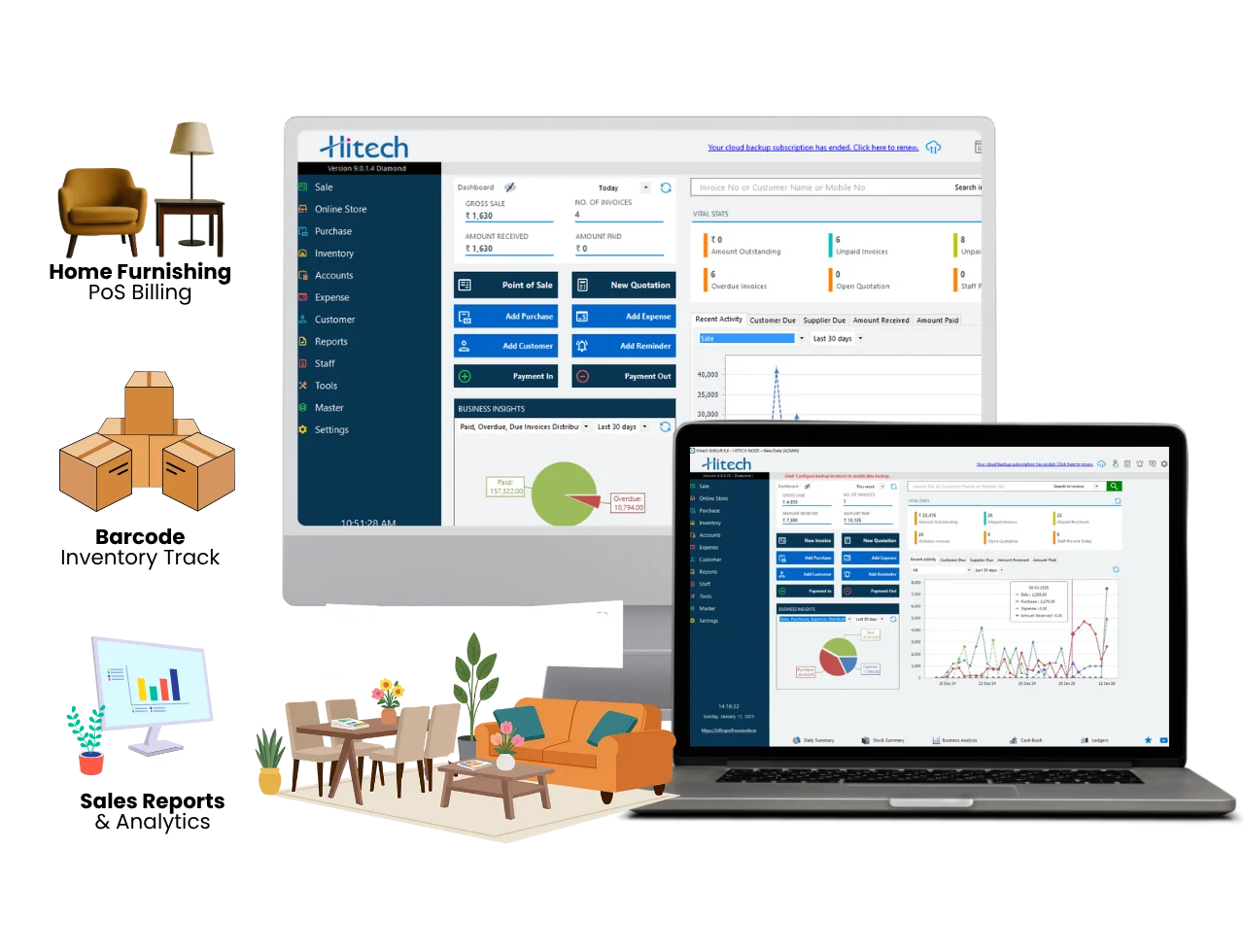 Modern furniture showroom counter with billing screen open.