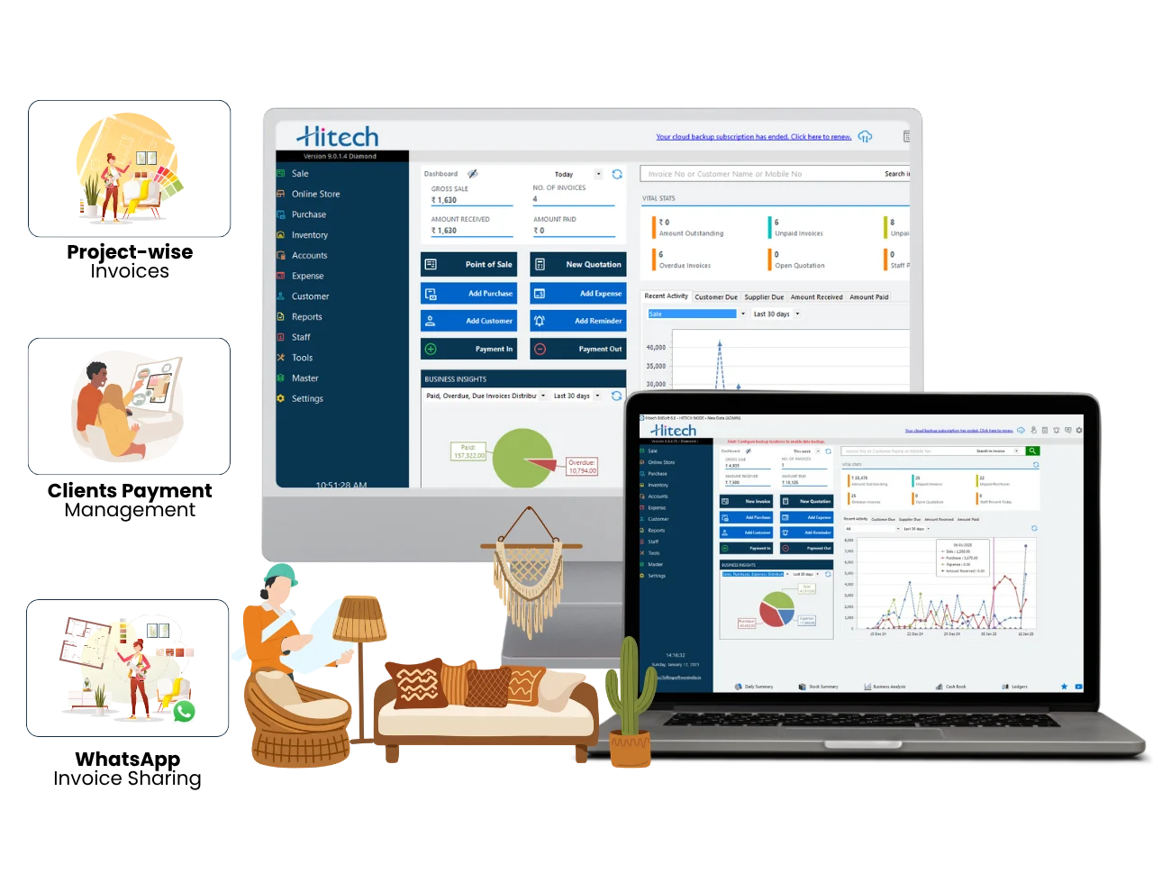 A professional interior designer smiling, efficiently managing client invoices and project expenses on a pc using Hitech Billsoft accounting software.