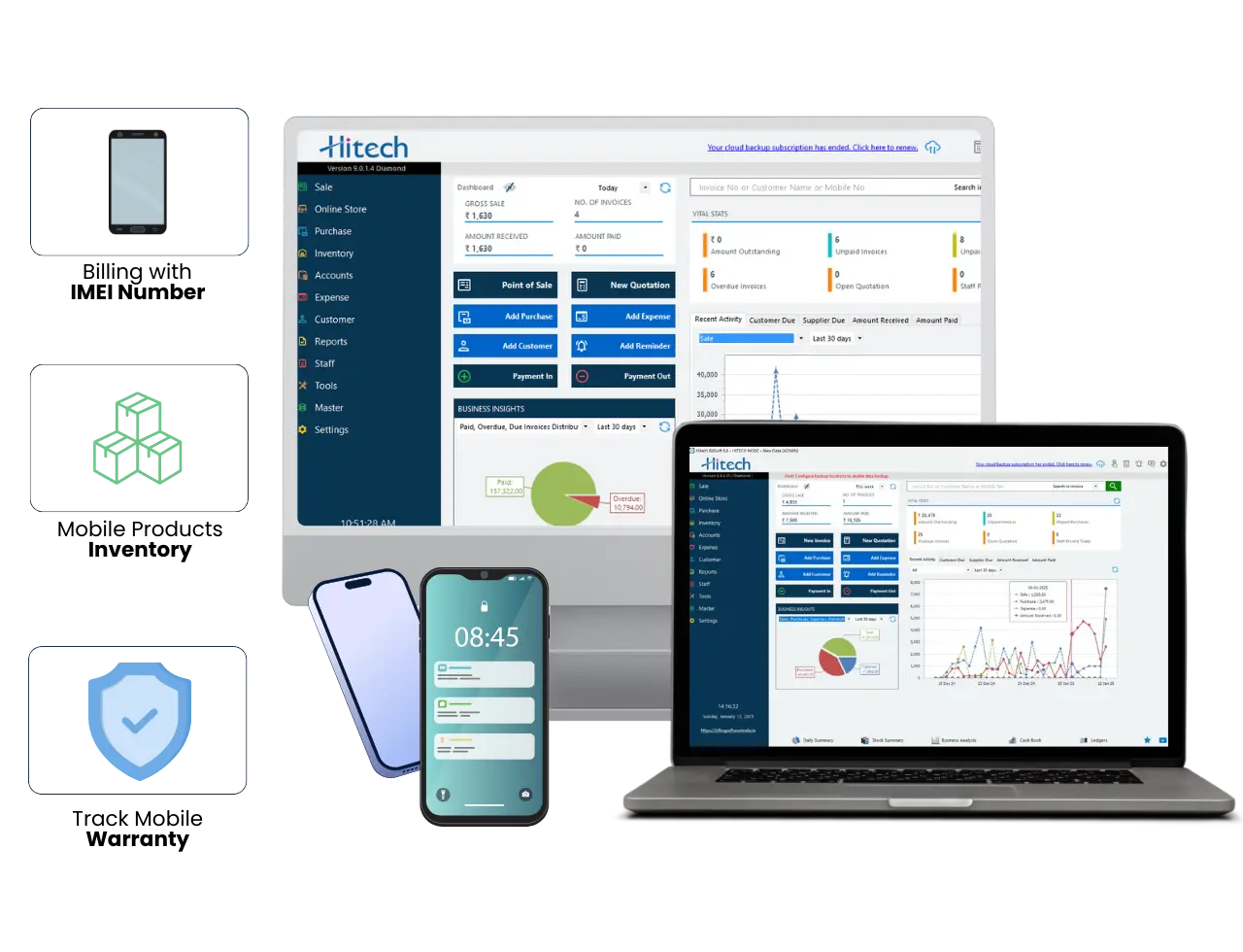 Hitech Billsoft dashboard showing mobile sales invoice, accessories stock log, repair job billing, and customer EMI payment history for a phone retail store.