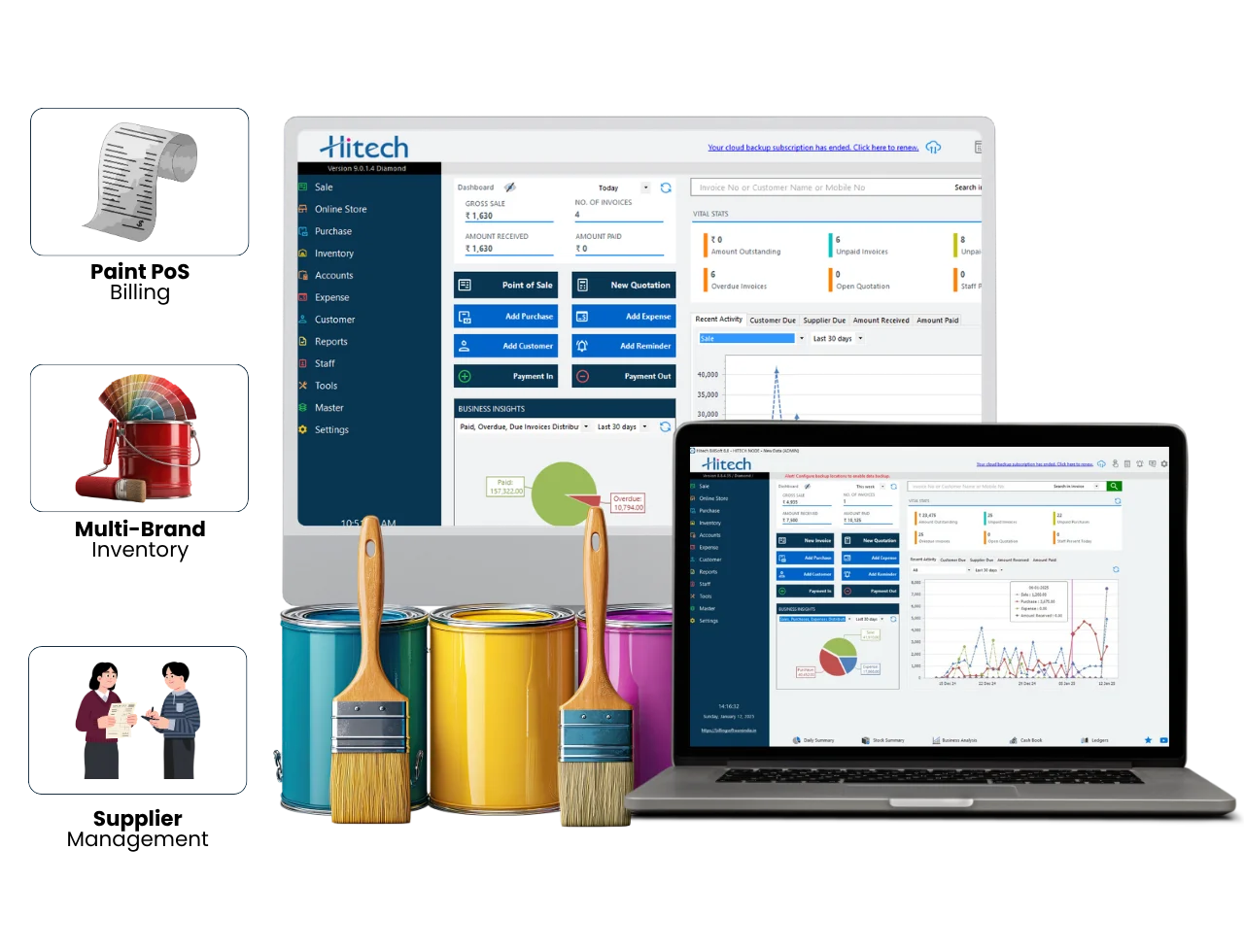 Paint shop billing software showing GST invoice with inventory and barcode POS on desktop and mobile
