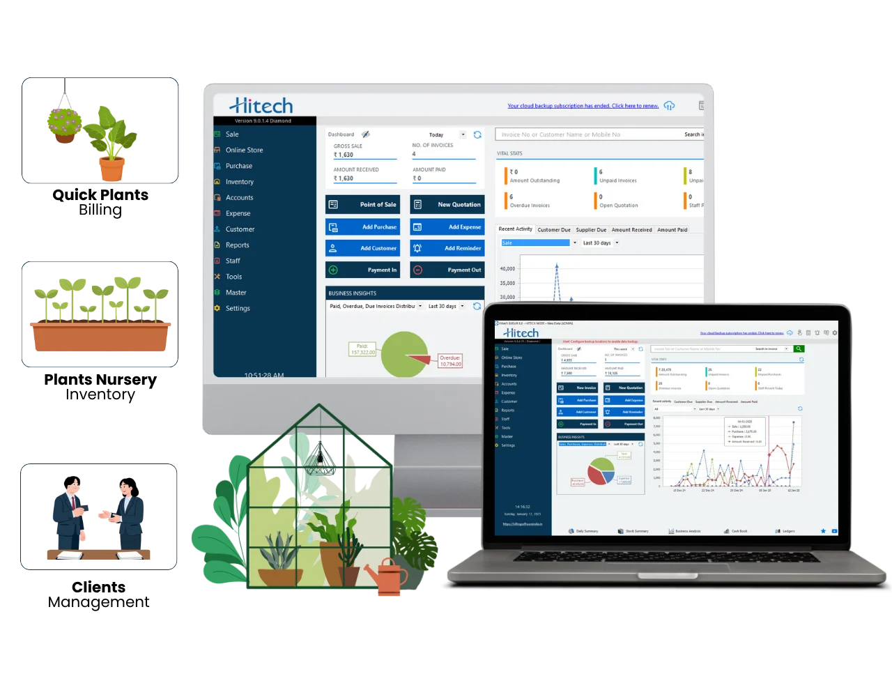 Paint shop billing software showing GST invoice with inventory and barcode POS on desktop and mobile