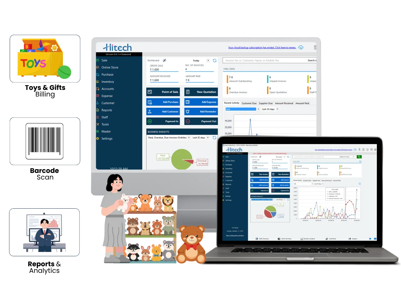 toy shop billing software POS dashboard showing billing, GST invoice, and toy store inventory management