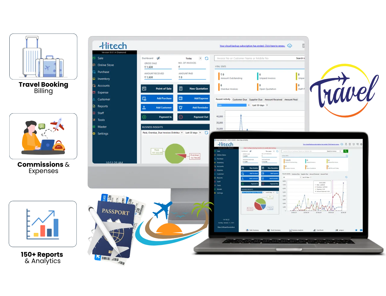 Laptop displaying Hitech Billsoft accounting software interface with charts and financial data, illustrating easy, modern financial management for a travel agency.