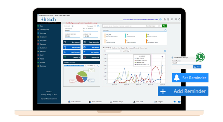 Cloud billing dashboard showing invoices, payment tracker, subscription plans, and GST filing reports accessible on laptop and mobile.